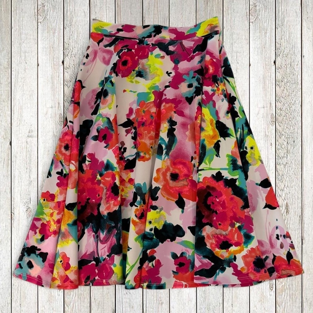 LARA Bright Floral A-Line Midi Skirt Pink Multicolor Stretch Waist‎ Size Medium
